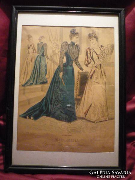 Divatdámák  III. viselettörténet litográfia 1891, olasz öltözet, ruha, divat.