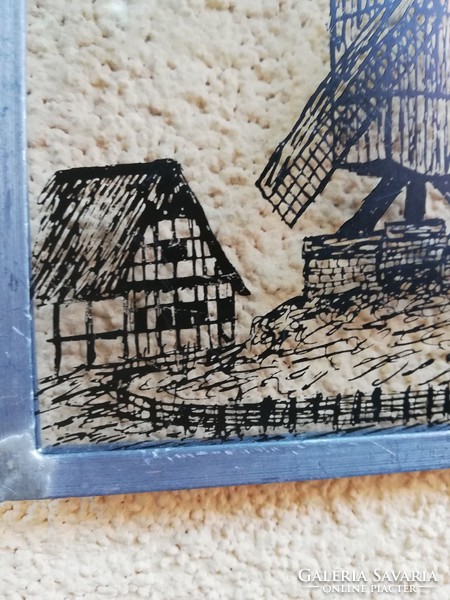 Windmill glass picture in a tin frame