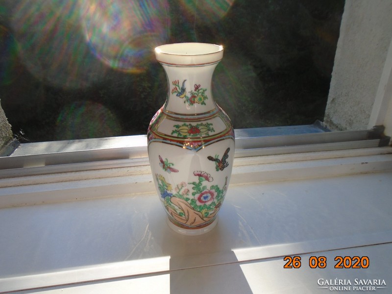 Hand-painted, hand-marked gold enamel, flower, butterfly, rocky landscape famille rose Chinese vase
