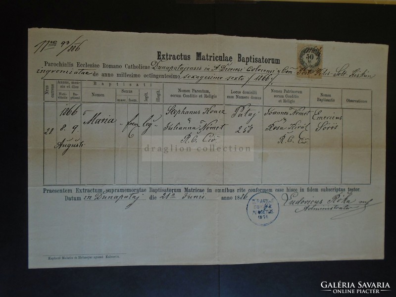 ZA313.14  Régi irat   DUNAPATAJ 1886 Maria KONCZ  -signature Ludovicus RÓKA administrator 