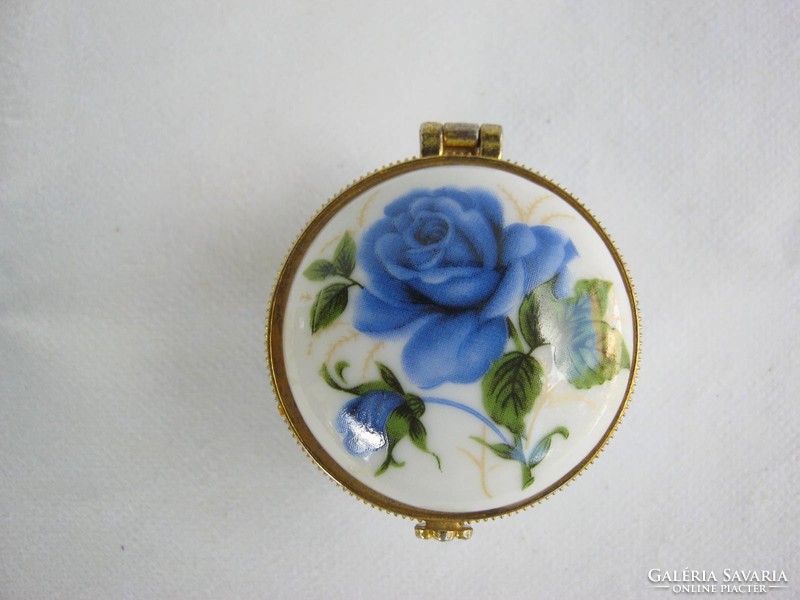 Kék rózsás mini porcelán doboz díszdoboz