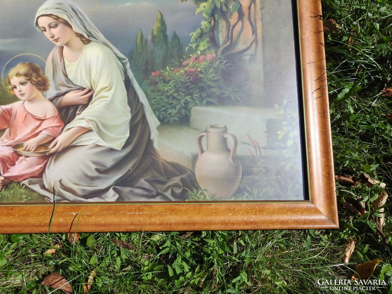 Hatalmas antik szentkép : Szűz Mária a Kisjézussal galambok között