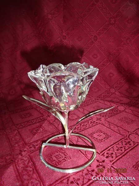 Üveg gyertyatartó, rózsa formájú, fém alapon, magassága 11 cm. Vanneki!