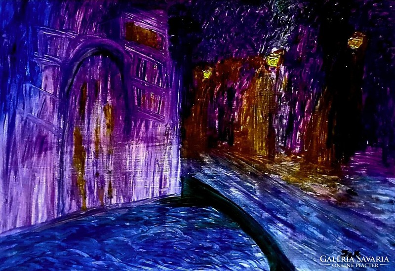 "Velencei éj" olajfestmény 50 x 70 farost, ezüstszürke fakerettel, szignózott