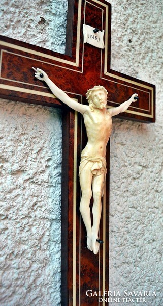 47. Antik, CSONT Jézus Krisztus (14 cm), 35 cm intarzia feszület, kereszt, korpusz