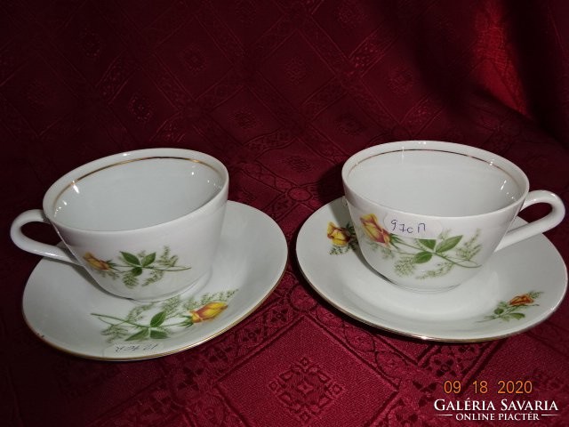 Kahla quality German porcelain teacup + saucer, with yellow rose, 2 pieces for sale together.