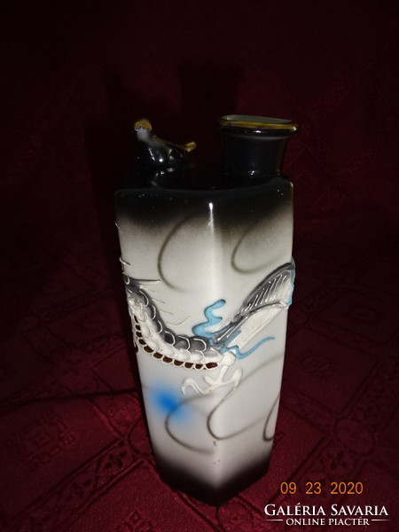 Japanese porcelain sake bottle with whistle, hand-painted, dragon pattern. He has!