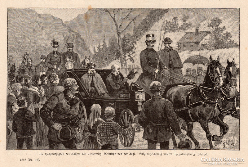 Ferenc József vadászaton, metszet 1888, 14 x 23 cm, monarchia, újság, császár, osztrák, vadászat