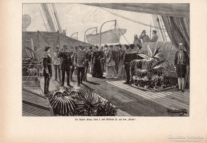 Ferenc József és II. Vilmos, metszet 1894, 15 x 23 cm, monarchia, újság, császár, hajó, látogatás
