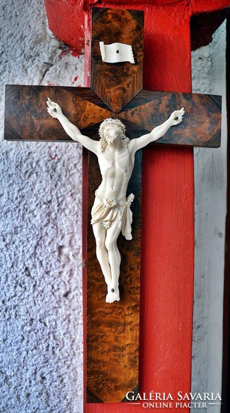 50. Antique ivory Jesus Christ (17.8 Cm), 40 cm marquetry crucifix, meticulous cross, corpus