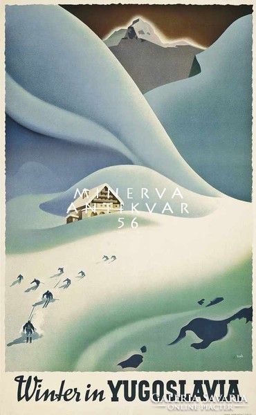 Síelés menedékház havas táj hegycsúcs sípálya Jugoszlávia téli sport Vintage/antik plakát reprint