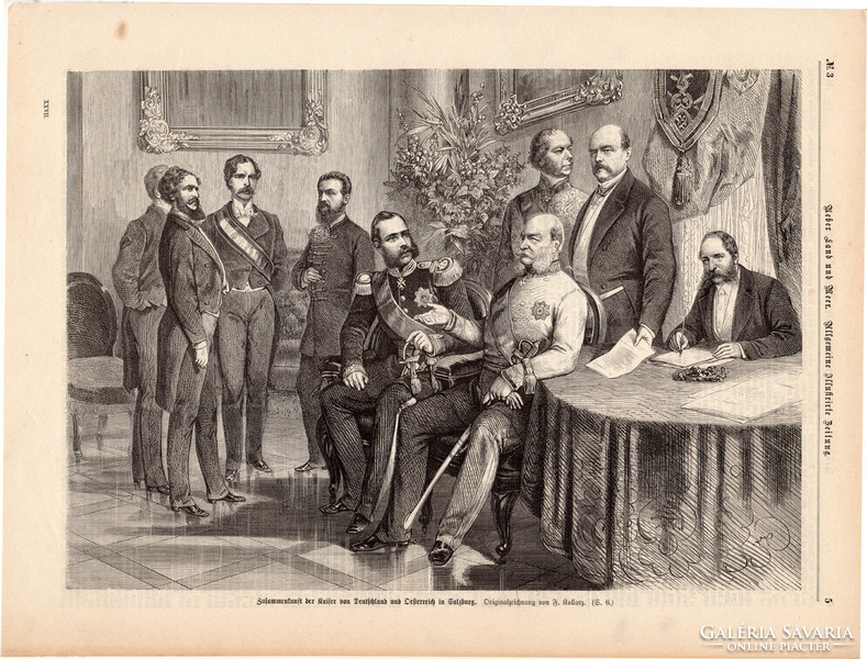 Császárok találkozója Salzburgban, metszet 1870, 22 x 31 cm, monarchia, újság, Ferenc József, Vilmos