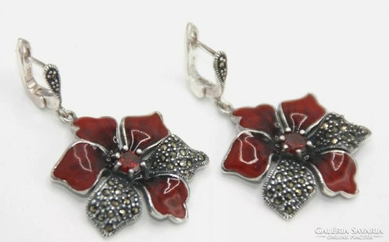 Wonderful, huge flower with ear garnet and marcasite, silver / 925 / - new