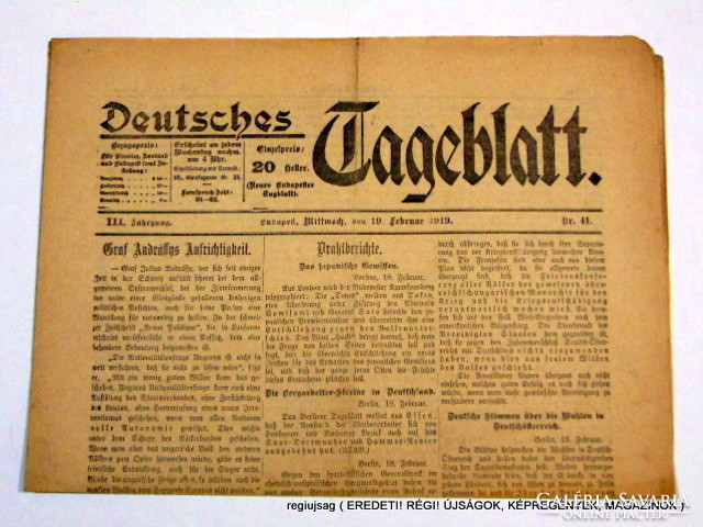 1919 február 19  /  DEUTSCHES TAGEBLATT  /  regiujsag (EREDETI Külföldi újságok) Ssz.:  12081