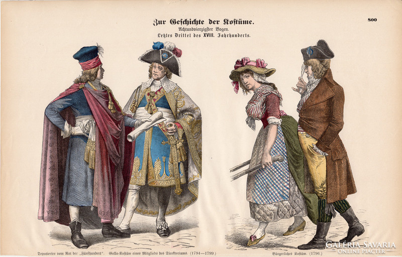 Viselettörténet (37), litográfia 1880, öltözet, ruha, divat, német, francia, történelem, 1793, XVIII