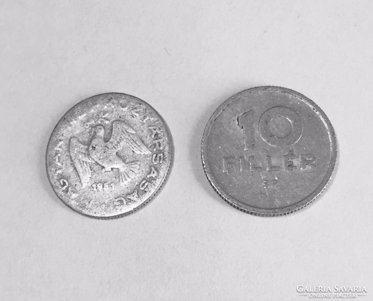 2 db 10 Fillér pénzérme pénz érme 1951 és 1974, régi magyar pénz