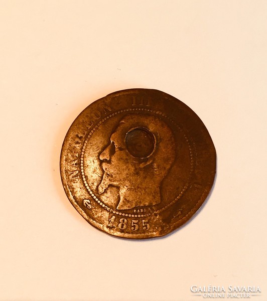 10 Dix Centimes bronz pénz érme 1855 Franciaország III. Napoleon – golyónyommal!!! régi francia pénz