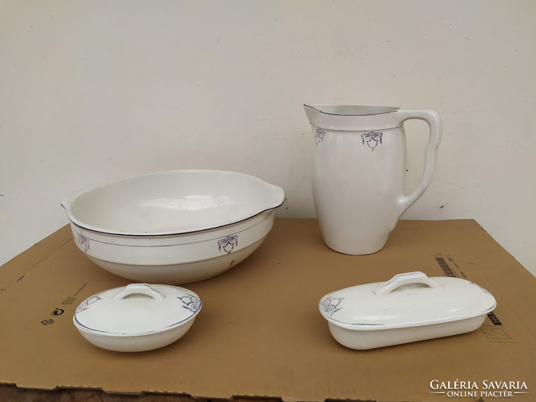 Antik porcelán fürdőszoba mosdó készlet lavór kancsó szappan és fogkefe tartó