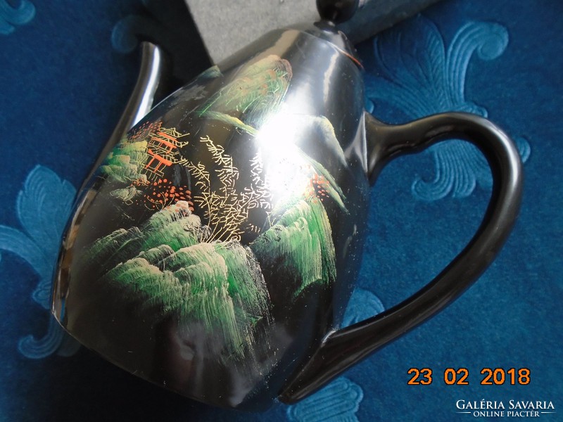 Hand-painted Japanese, gilded lacquered wood spout, high mountain landscape with pagodas pattern