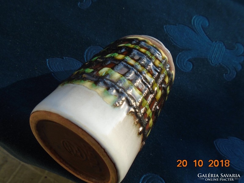 Mid Century Fat Lava Dombor színes rács mintás jelzett számozott kerámia váza