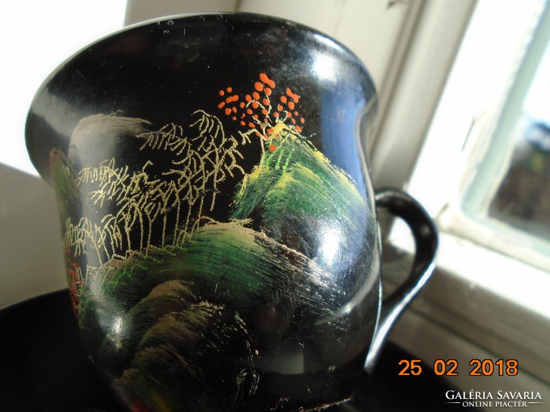 Hand-painted gilded mountain scenery, Japanese lacquered wood cup with coaster
