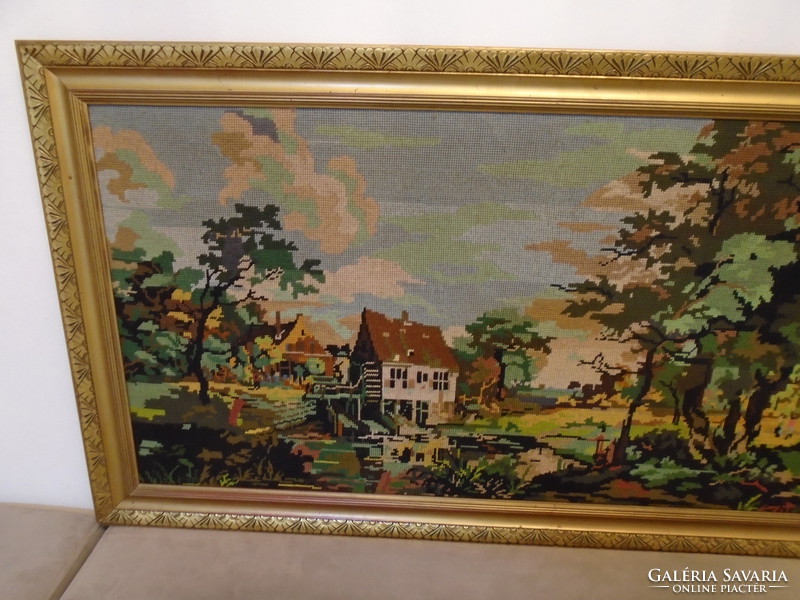 Beautiful antique large tapestry still life in handmade thick gilt wood frame