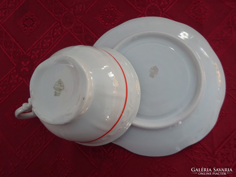 Zsolnay porcelán, antik pajzspecsétes hat személyes teáskészlet. Piros csíkkal. Vanneki!