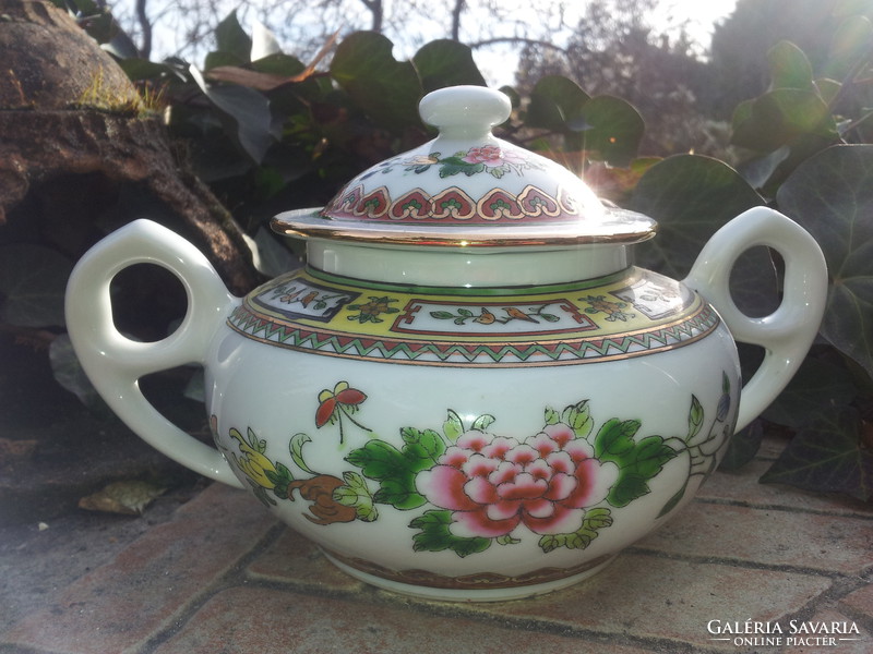 Chinese rose sugar bowl with cream, 3 tea cups,