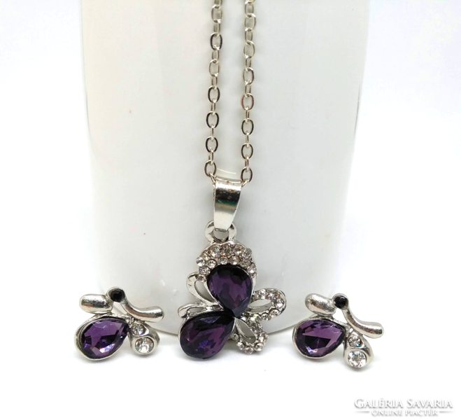 Butterfly silver plated jewelry set with purple and white cz crystals