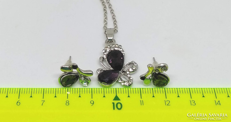 Butterfly silver plated jewelry set with purple and white cz crystals