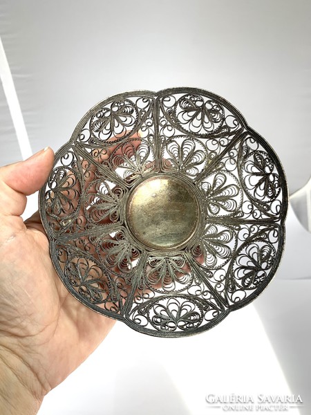Old openwork richly filigree Russian silver-plated bowl silver plate decorative plate centerpiece