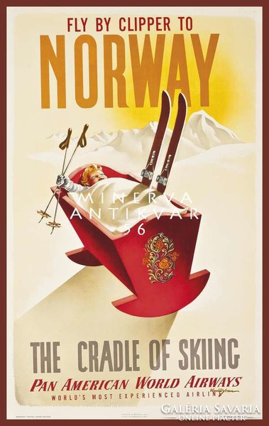 Vicces vintage retro síelés plakát reprint, Norvégia síléc síbot bölcső csecsemő baba téli sport