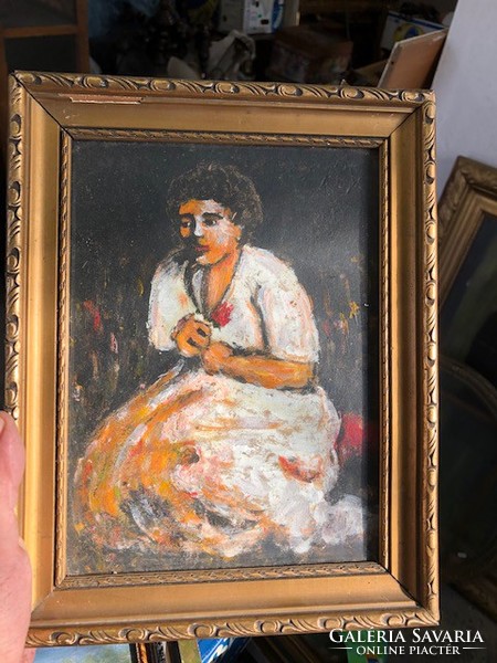 Imádkozó nő, olaj, festőkarton festmény, 25 x 20 cm-es.