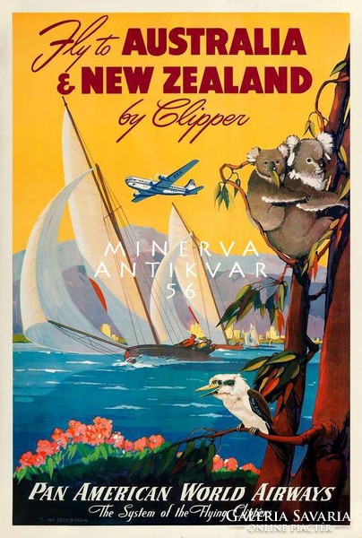 Retro utazási reklám Új-Zéland Ausztrália tenger vitorlás hegyek koala tájkép Vintage plakát reprint