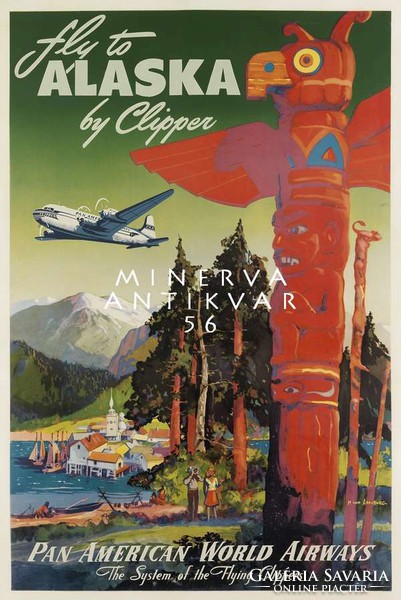 Retro utazási reklám Alaszka hegyek tájkép város tó kikötő indián totemoszlop Vintage plakát reprint