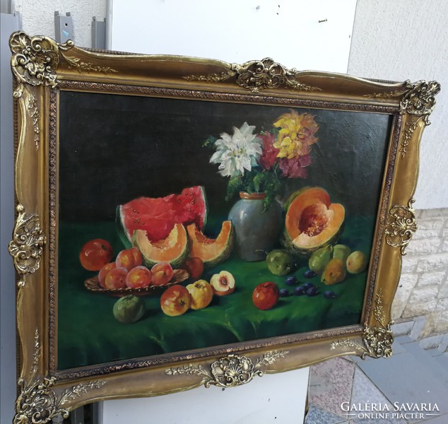 Hatalmas Csodálatos antik Gyümölcs-Viràg asztali csendélet 100x 70cm.Kiváló dekoráció, Blondel keret