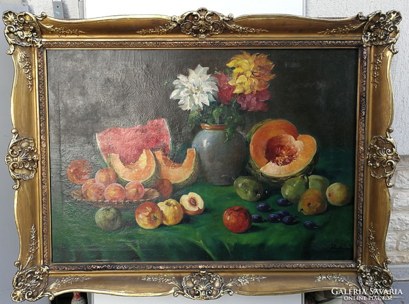 Huge, wonderful antique fruit-flower table still life 100x70cm. Excellent decoration, blondel frame