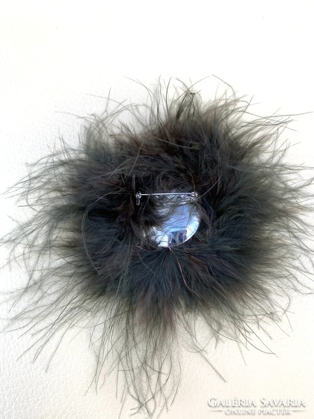 Vintage retro ostrich feather pendant brooch badge with pearl center 11 cm