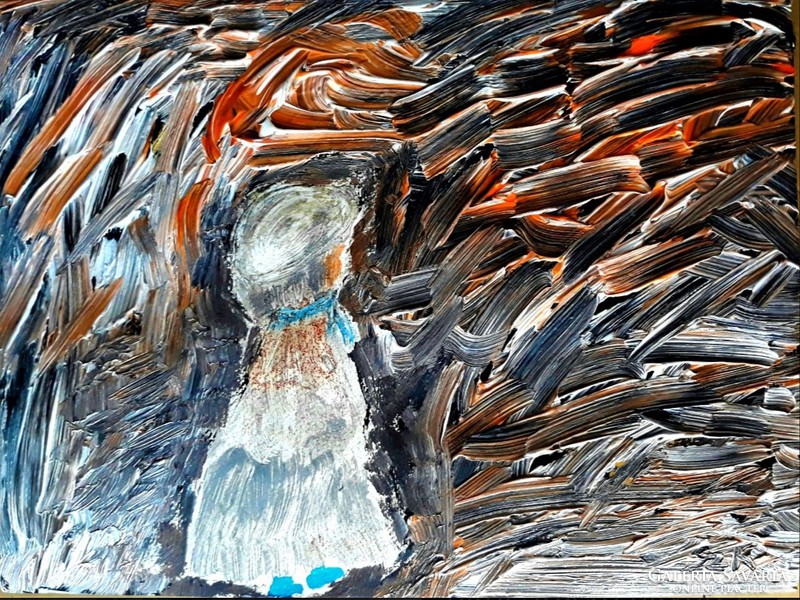 "Kislány kék cipőben" akril, 30 x 40 cm, szép arany fakerettel, akvarell papír, s