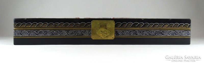 1C492 Hatalmas régi kagyló berakással díszített fekete kínai lakkdoboz tükrös piperedoboz 62 cm