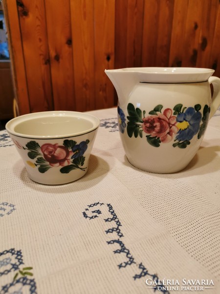 Hand-painted Wilhelmsburger rose porcelain 12 cm high belly mug, jar and small bowl together