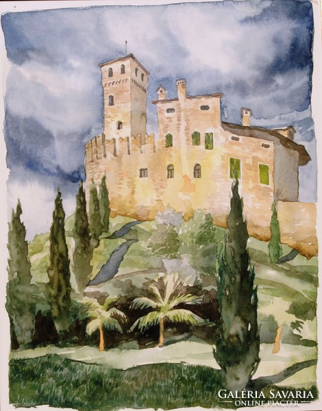 L.M .: Castle on the hilltop - watercolor antique frame