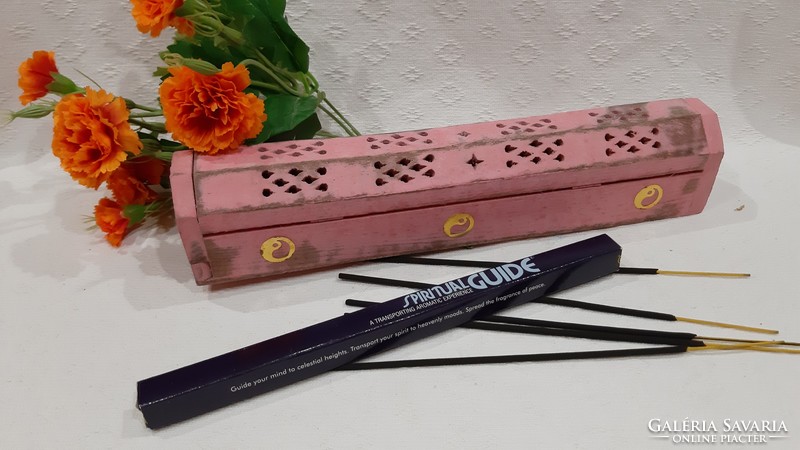 Rustic painted pink Indian wood incense holder with yin-yang symbols and gift incense