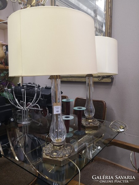 Pair of large regency-style polished crystal table lamps, bronze base 70cm - 02306