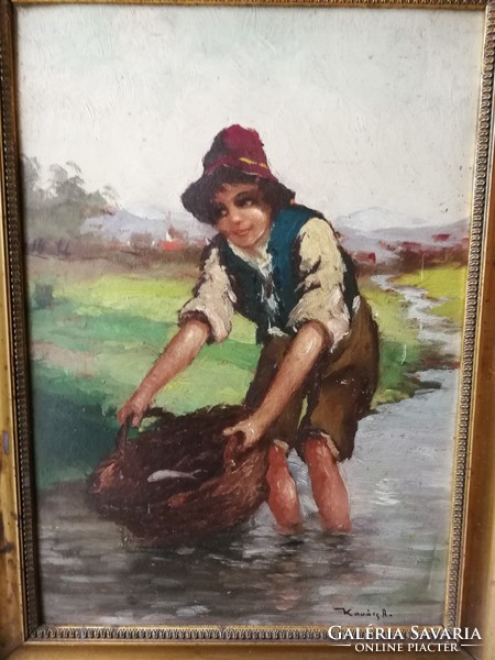Folk life painting, washing in the stream cozy beautiful painting.Varga style life picture