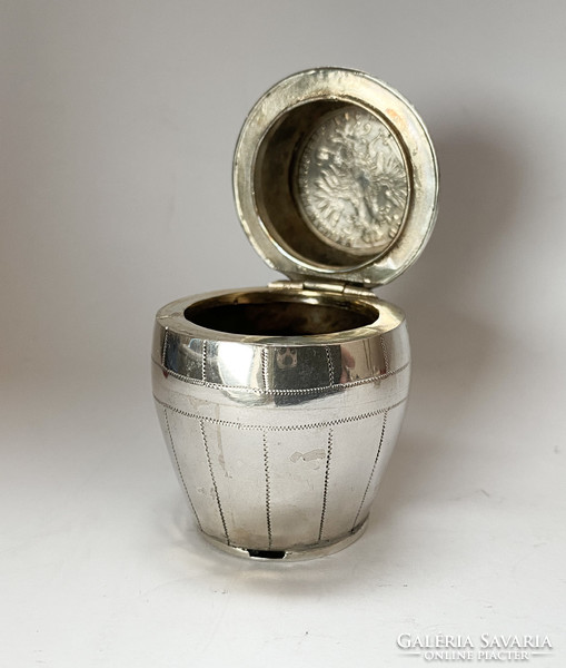 Extraordinary, barrel-shaped, coin-operated silver inkwell!