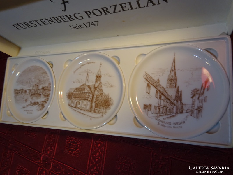 Fürstenberg német porcelán mini falidísz, 3 db díszdobozban, NIENBURG látképével. Vanneki!
