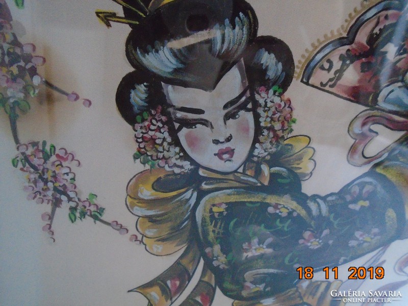 Vietnámi festmény selyemre Blondel rámában,kalligrafikus szignóval,legyezővel táncoló fiatal hölgy