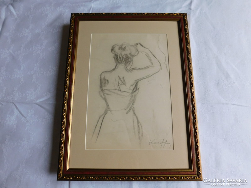 Lajos Kunffy: unique graphics, charcoal drawing, woman combing her hair