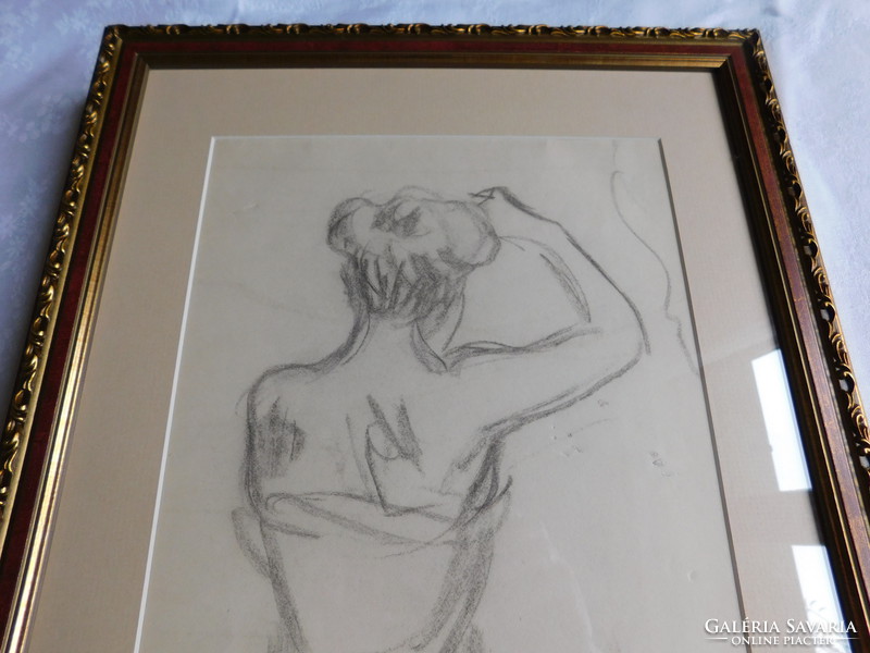 Lajos Kunffy: unique graphics, charcoal drawing, woman combing her hair